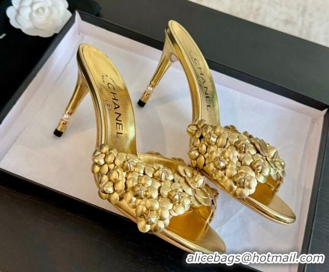 Charming Chanel Lambskin Heel Slides Sandal 8cm with Bloom Gold 407026