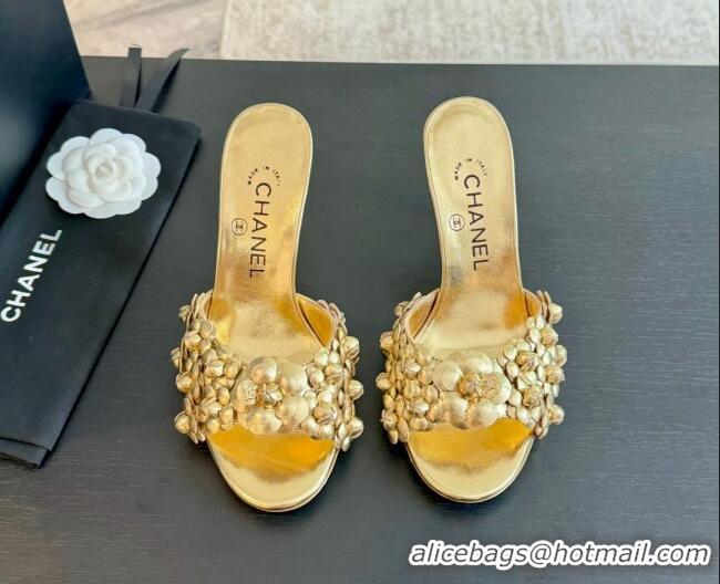 Charming Chanel Lambskin Heel Slides Sandal 8cm with Bloom Gold 407026