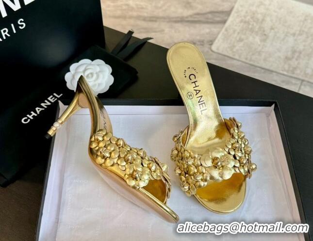 Charming Chanel Lambskin Heel Slides Sandal 8cm with Bloom Gold 407026