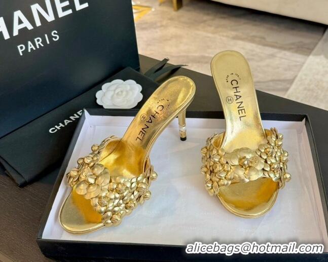 Charming Chanel Lambskin Heel Slides Sandal 8cm with Bloom Gold 407026