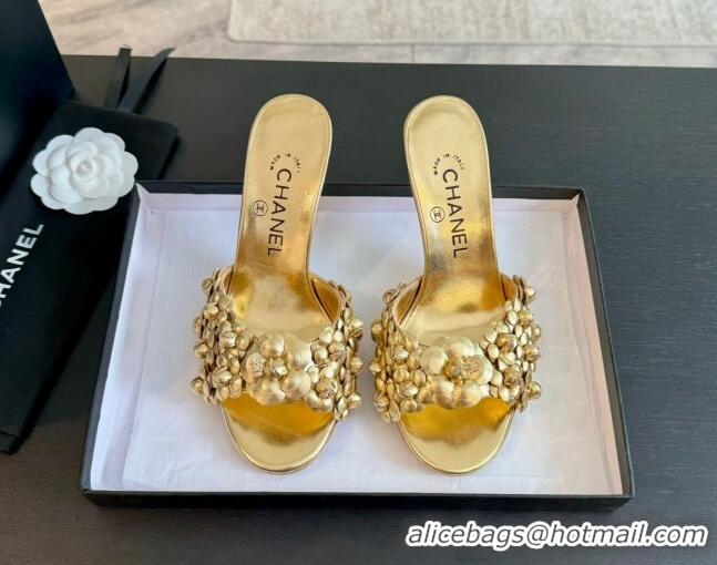 Charming Chanel Lambskin Heel Slides Sandal 8cm with Bloom Gold 407026