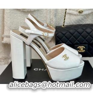 Big Discount Chanel Patent Calfskin Platform High Heel Sandals 11.5cm White 407028