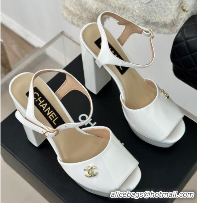 Big Discount Chanel Patent Calfskin Platform High Heel Sandals 11.5cm White 407028