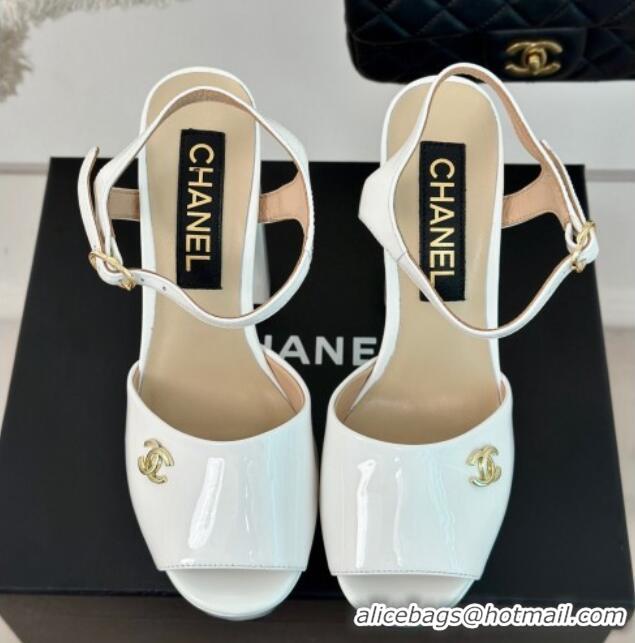 Big Discount Chanel Patent Calfskin Platform High Heel Sandals 11.5cm White 407028