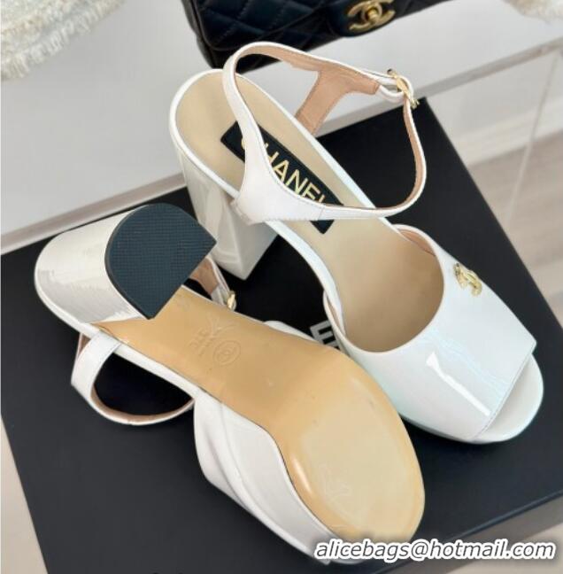 Big Discount Chanel Patent Calfskin Platform High Heel Sandals 11.5cm White 407028