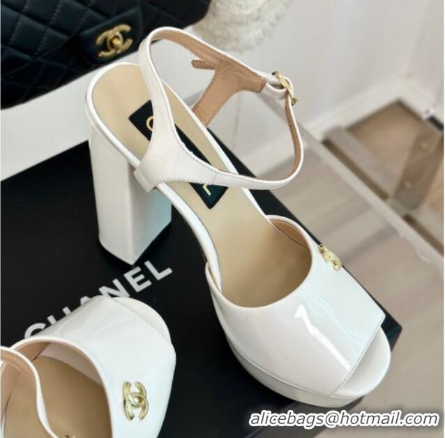 Big Discount Chanel Patent Calfskin Platform High Heel Sandals 11.5cm White 407028