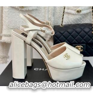 Luxury Chanel Patent Calfskin Platform High Heel Sandals 11.5cm Cream White 407029