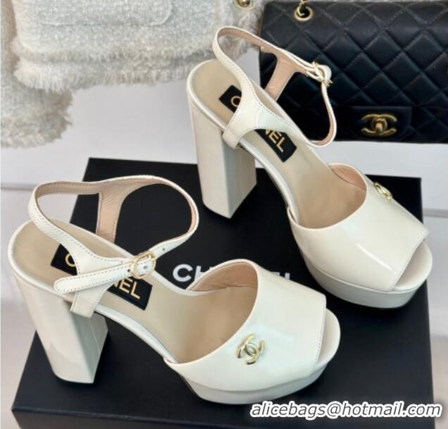 Luxury Chanel Patent Calfskin Platform High Heel Sandals 11.5cm Cream White 407029