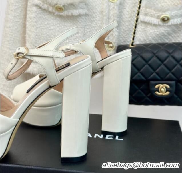 Luxury Chanel Patent Calfskin Platform High Heel Sandals 11.5cm Cream White 407029