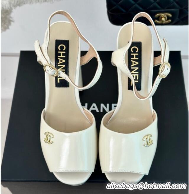 Luxury Chanel Patent Calfskin Platform High Heel Sandals 11.5cm Cream White 407029