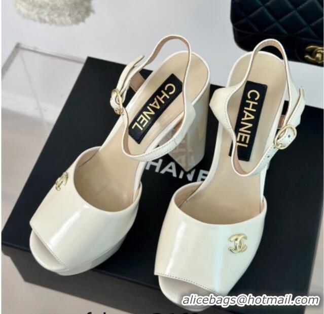 Luxury Chanel Patent Calfskin Platform High Heel Sandals 11.5cm Cream White 407029