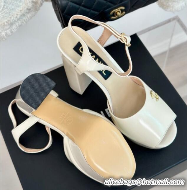 Luxury Chanel Patent Calfskin Platform High Heel Sandals 11.5cm Cream White 407029