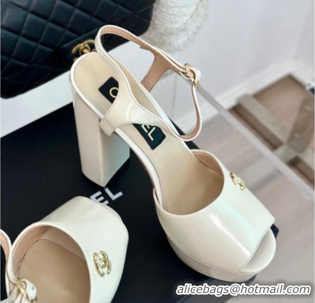 Luxury Chanel Patent Calfskin Platform High Heel Sandals 11.5cm Cream White 407029