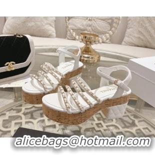 Lower Price Chanel Calfskin Platform Heel Sandals 7.5cm with Chain White 407030