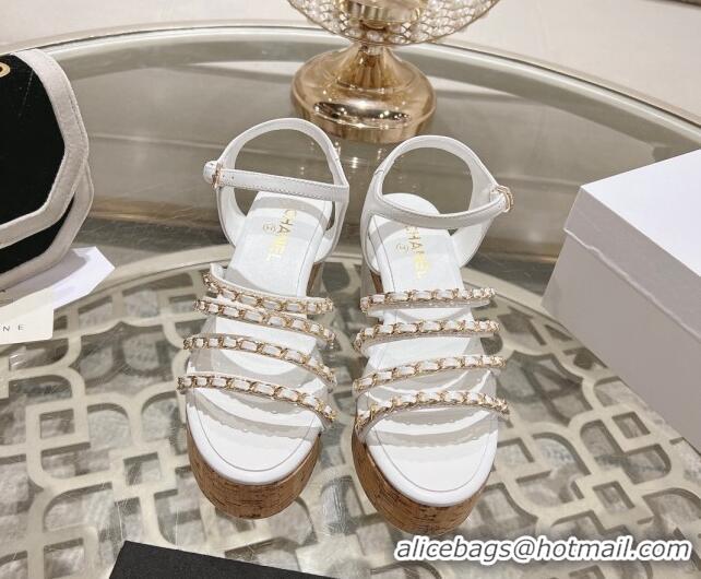 Lower Price Chanel Calfskin Platform Heel Sandals 7.5cm with Chain White 407030