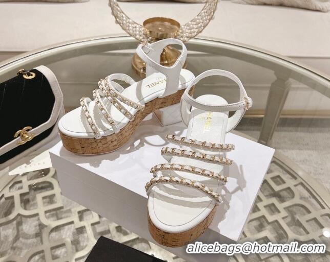 Lower Price Chanel Calfskin Platform Heel Sandals 7.5cm with Chain White 407030