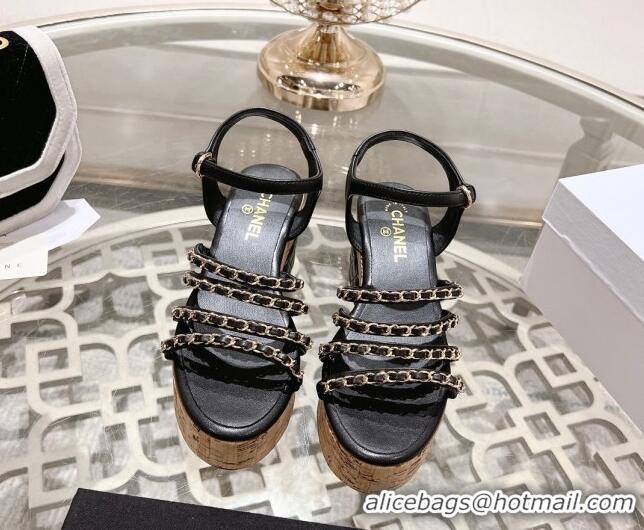 Sumptuous Chanel Calfskin Platform Heel Sandals 7.5cm with Chain Black 07031