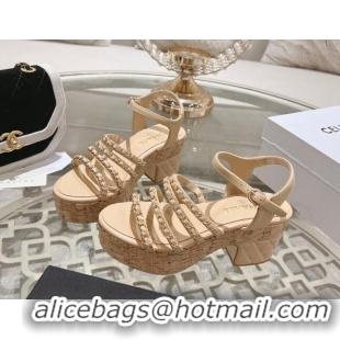 Duplicate Chanel Calfskin Platform Heel Sandals 7.5cm with Chain Beige 407032