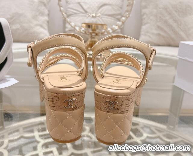 Duplicate Chanel Calfskin Platform Heel Sandals 7.5cm with Chain Beige 407032