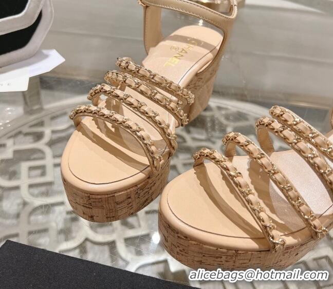 Duplicate Chanel Calfskin Platform Heel Sandals 7.5cm with Chain Beige 407032