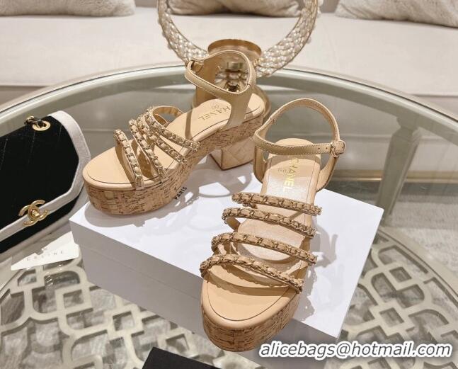 Duplicate Chanel Calfskin Platform Heel Sandals 7.5cm with Chain Beige 407032