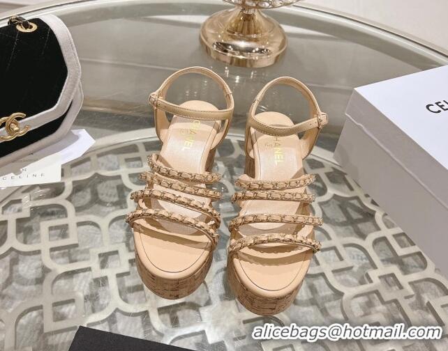 Duplicate Chanel Calfskin Platform Heel Sandals 7.5cm with Chain Beige 407032