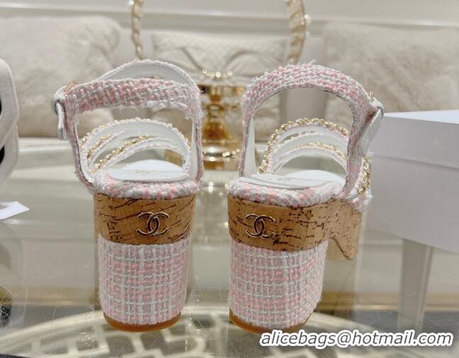 Classic Hot Chanel Tweed Platform Heel Sandals 7.5cm with Chain Light Pink 407033