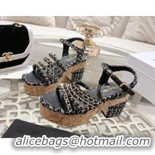 Cheap Price Chanel Tweed Platform Heel Sandals 7.5cm with Chain Black 407034