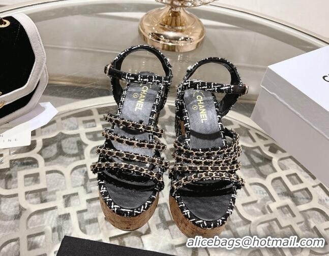 Cheap Price Chanel Tweed Platform Heel Sandals 7.5cm with Chain Black 407034