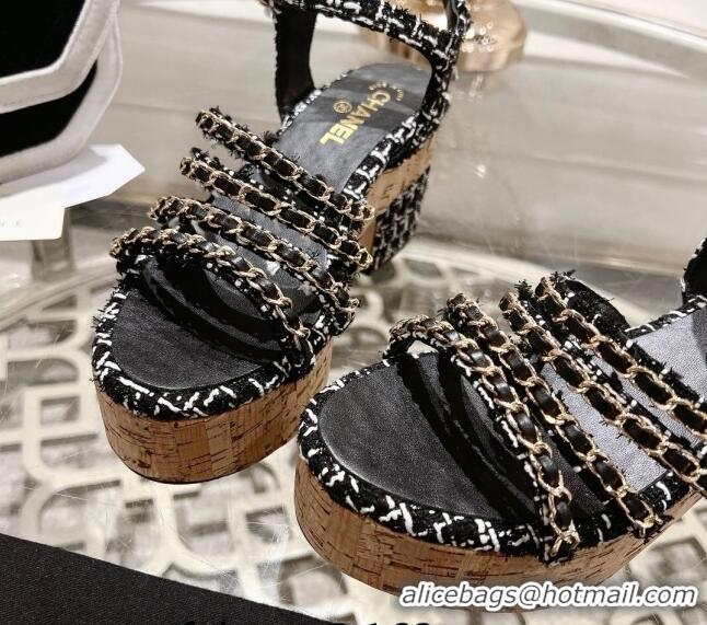 Cheap Price Chanel Tweed Platform Heel Sandals 7.5cm with Chain Black 407034