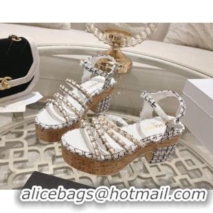 Low Price Chanel Tweed Platform Heel Sandals 7.5cm with Chain White 407035