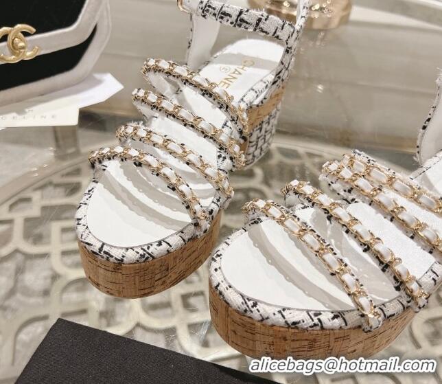 Low Price Chanel Tweed Platform Heel Sandals 7.5cm with Chain White 407035