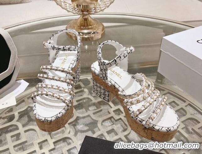 Low Price Chanel Tweed Platform Heel Sandals 7.5cm with Chain White 407035