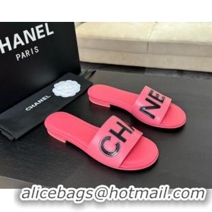 Comfortable Chanel Calfskin & Patent Flat Slides Sandal Pink 701036