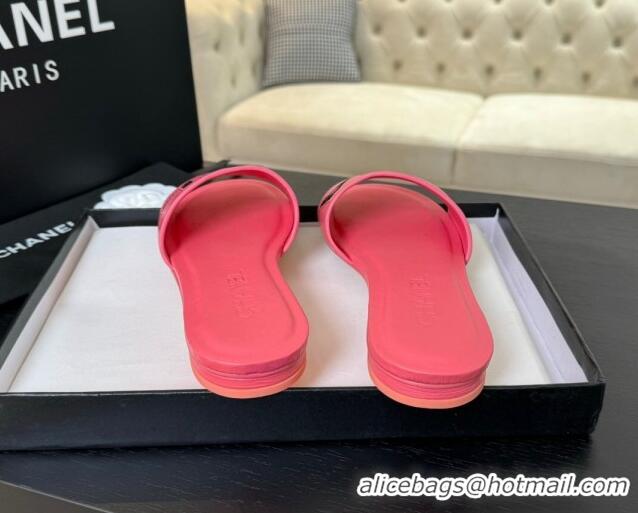 Comfortable Chanel Calfskin & Patent Flat Slides Sandal Pink 701036