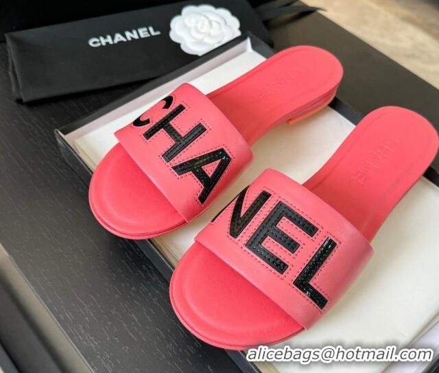 Comfortable Chanel Calfskin & Patent Flat Slides Sandal Pink 701036