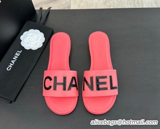 Comfortable Chanel Calfskin & Patent Flat Slides Sandal Pink 701036