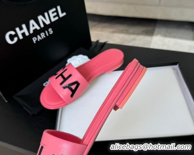 Comfortable Chanel Calfskin & Patent Flat Slides Sandal Pink 701036