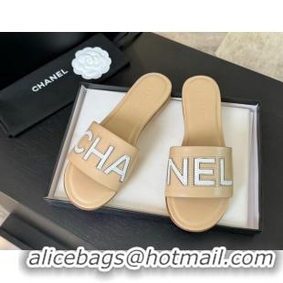 Hot Style Chanel Calfskin & Patent Flat Slides Sandal Beige 701038