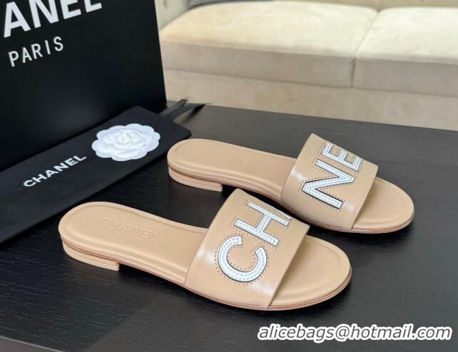 Hot Style Chanel Calfskin & Patent Flat Slides Sandal Beige 701038