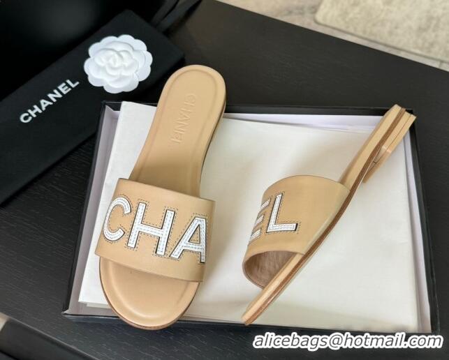 Hot Style Chanel Calfskin & Patent Flat Slides Sandal Beige 701038