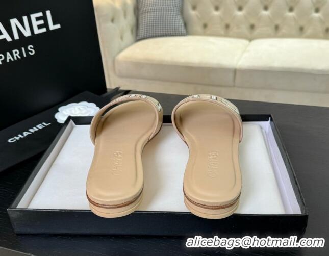 Hot Style Chanel Calfskin & Patent Flat Slides Sandal Beige 701038