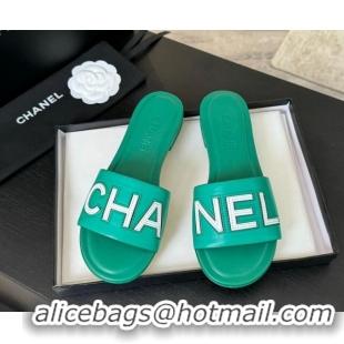 Good Quality Chanel Calfskin & Patent Flat Slides Sandal Green 701037