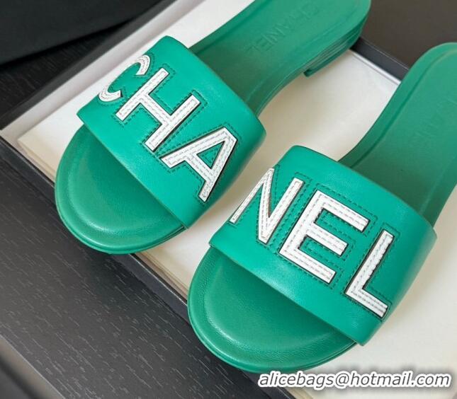 Good Quality Chanel Calfskin & Patent Flat Slides Sandal Green 701037