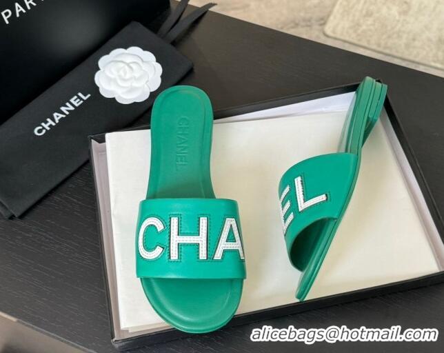 Good Quality Chanel Calfskin & Patent Flat Slides Sandal Green 701037