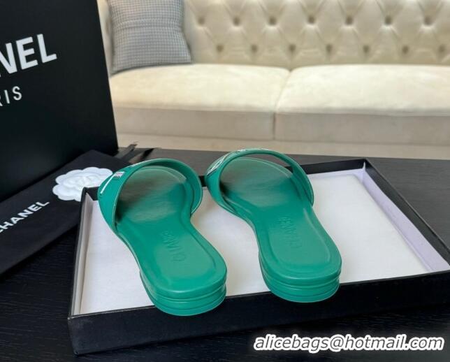 Good Quality Chanel Calfskin & Patent Flat Slides Sandal Green 701037