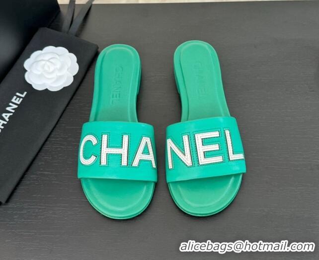 Good Quality Chanel Calfskin & Patent Flat Slides Sandal Green 701037