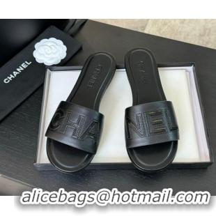 Best Price Chanel Calfskin & Patent Flat Slides Sandal Black 701039