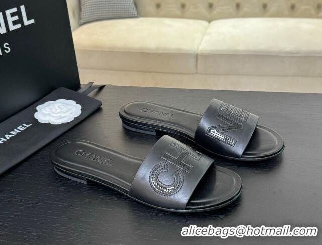 Best Price Chanel Calfskin & Patent Flat Slides Sandal Black 701039