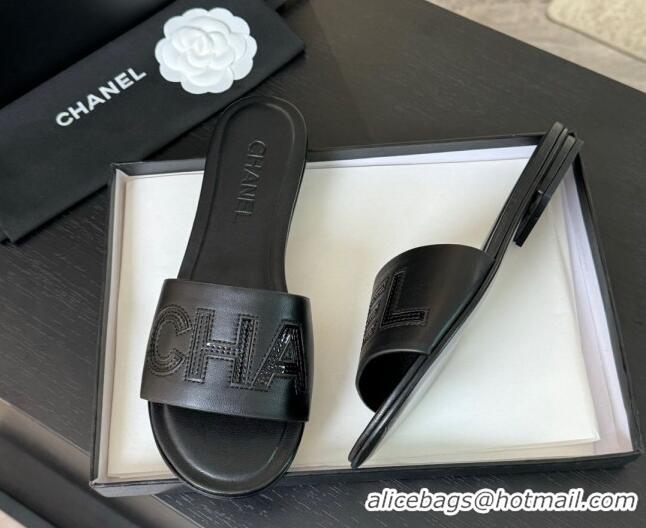 Best Price Chanel Calfskin & Patent Flat Slides Sandal Black 701039